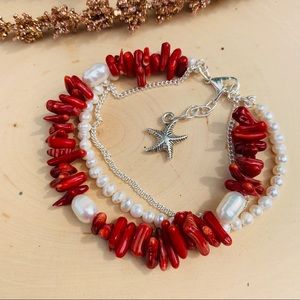 Coral Pearl Bracelet Silver Summer Jewelry